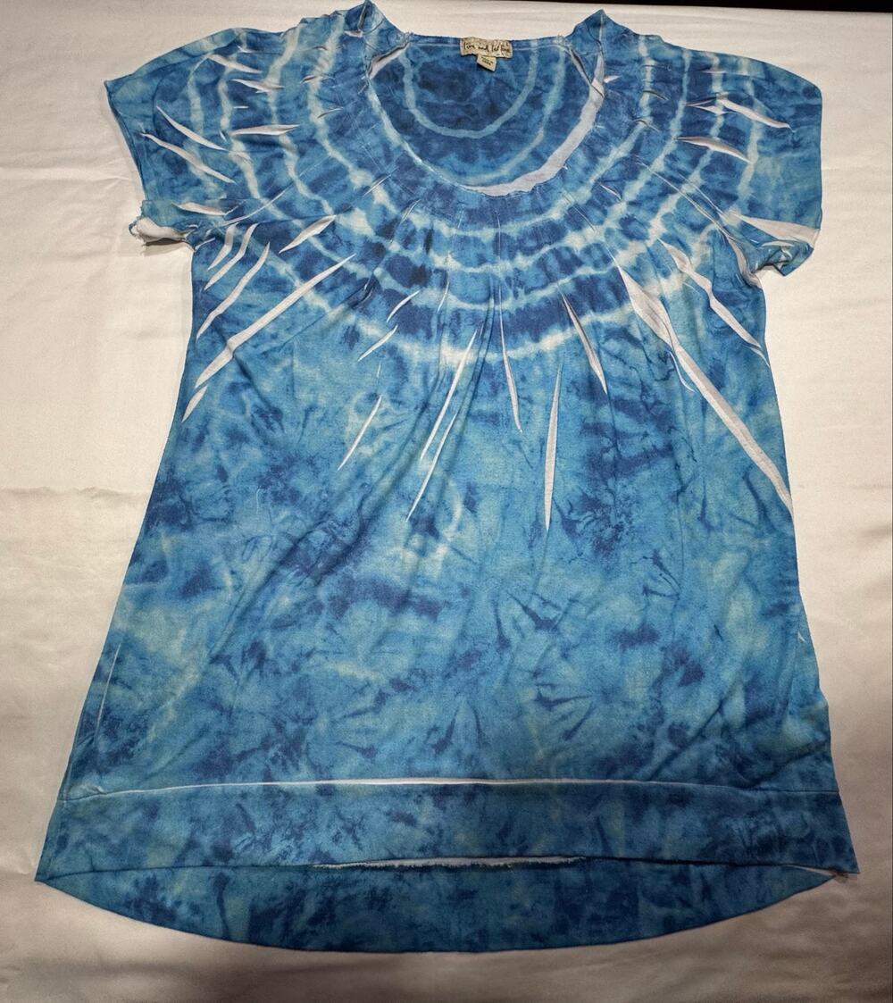 Live and Let Live Womens Large Short Sleeve Top Hi-Low Hem Blue Boho Y2K slouchy